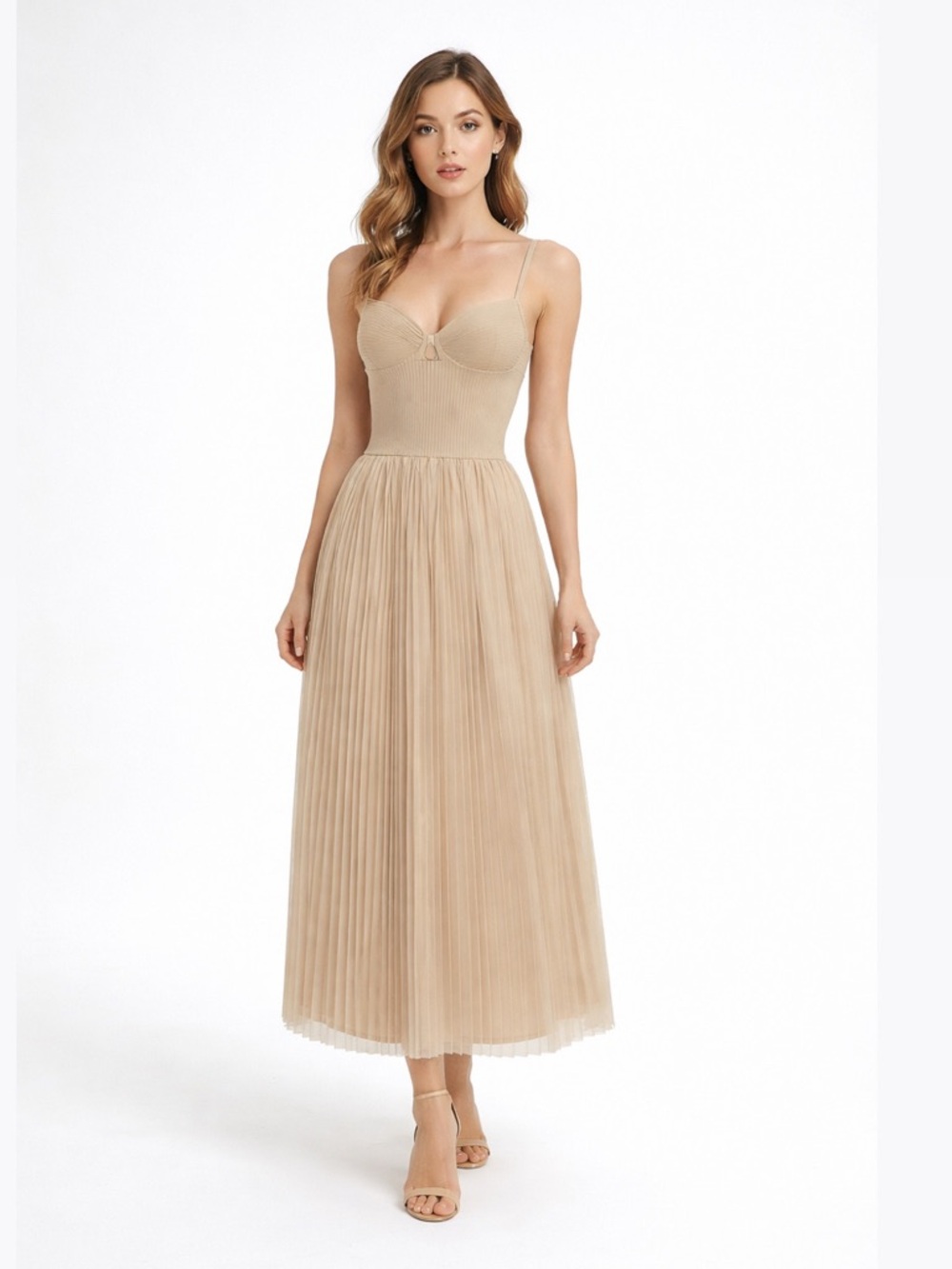 Beige Pleated Maxi Dress with Spaghetti Straps M